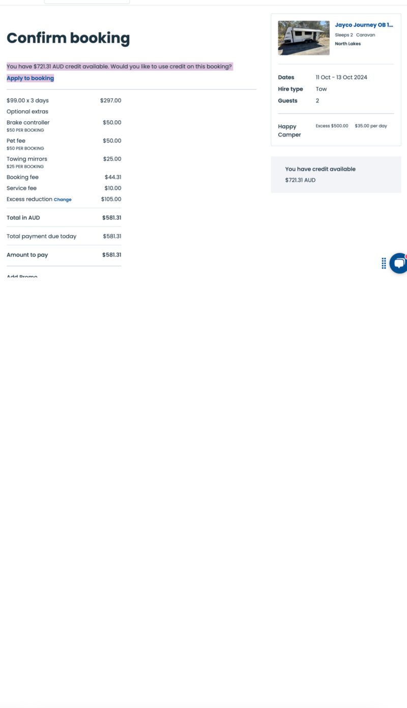 Step-by-step guide to applying Camplify Credit to a booking on the Camplify platform.
